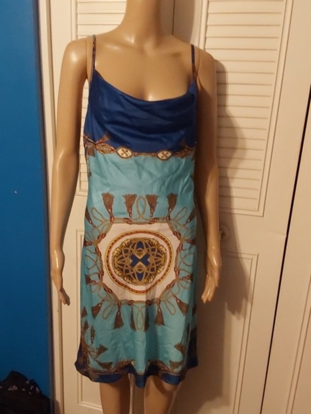 Cowl Neck Printed Midi Slip Dress in Navy & Teal